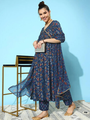 Blue Printed Silk Blend A-Line Kurta With Bottom