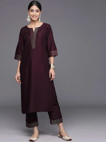 Burgundy Solid Silk Blend Straight Kurti