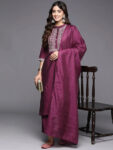 Burgundy Yoke Design Silk Blend Straight
