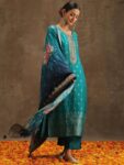 Green Self Design Silk Straight Kurta With Bottom