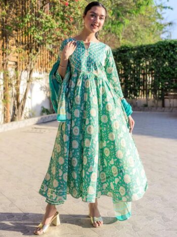 Green Yoke Design Cotton Anarkali Kurta Set