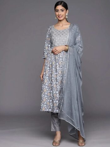 Grey Yoke Design Rayon A-Line Kurta With Bottom