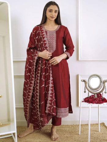 Maroon Yoke Design Silk Blend Straight
