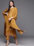 Mustard Self Design Silk Straight Kurta Set