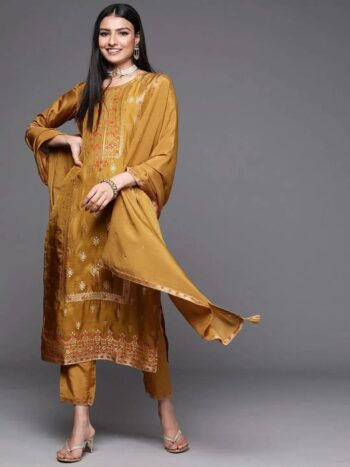 Mustard Self Design Silk Straight Kurta Set
