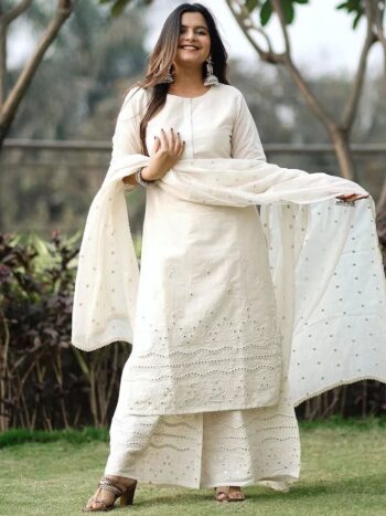 Off-White Embroidered Cotton Straight Kurti