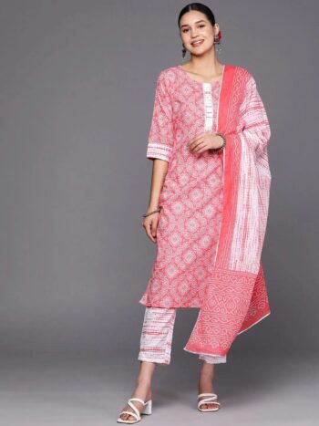 Peach Printed Cotton Straight Kurta With Bottom