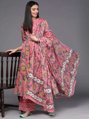 Pink Printed Cotton Anarkali Kurta With Dupatta