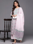 Pink Printed Cotton Straight Suit With