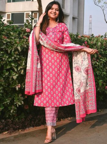 Pink Printed Cotton Straight Kurta With Dupatta