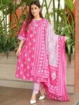 Pink Printed Cotton Straight Kurta With Dupatta