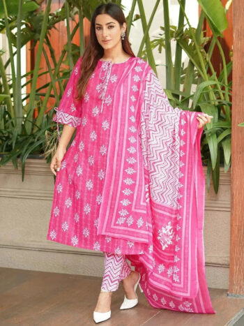Pink Printed Cotton Straight Kurta With Dupatta