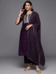 Purple Embroidered Silk Blend Straight