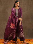 Purple Self Design Silk Straight Kurta