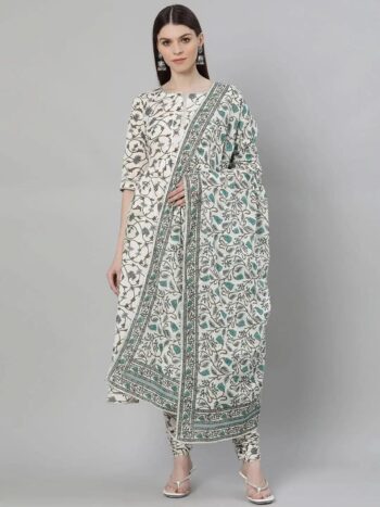 White Printed Cotton Anarkali Kurta With Bottom