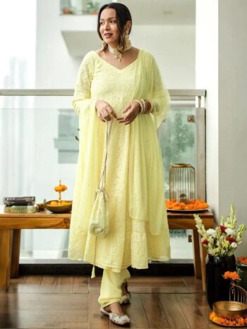 Yellow Embroidered Georgette Anarkali Kurti