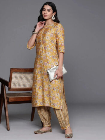 Yellow Printed Silk Blend Straight Kurti
